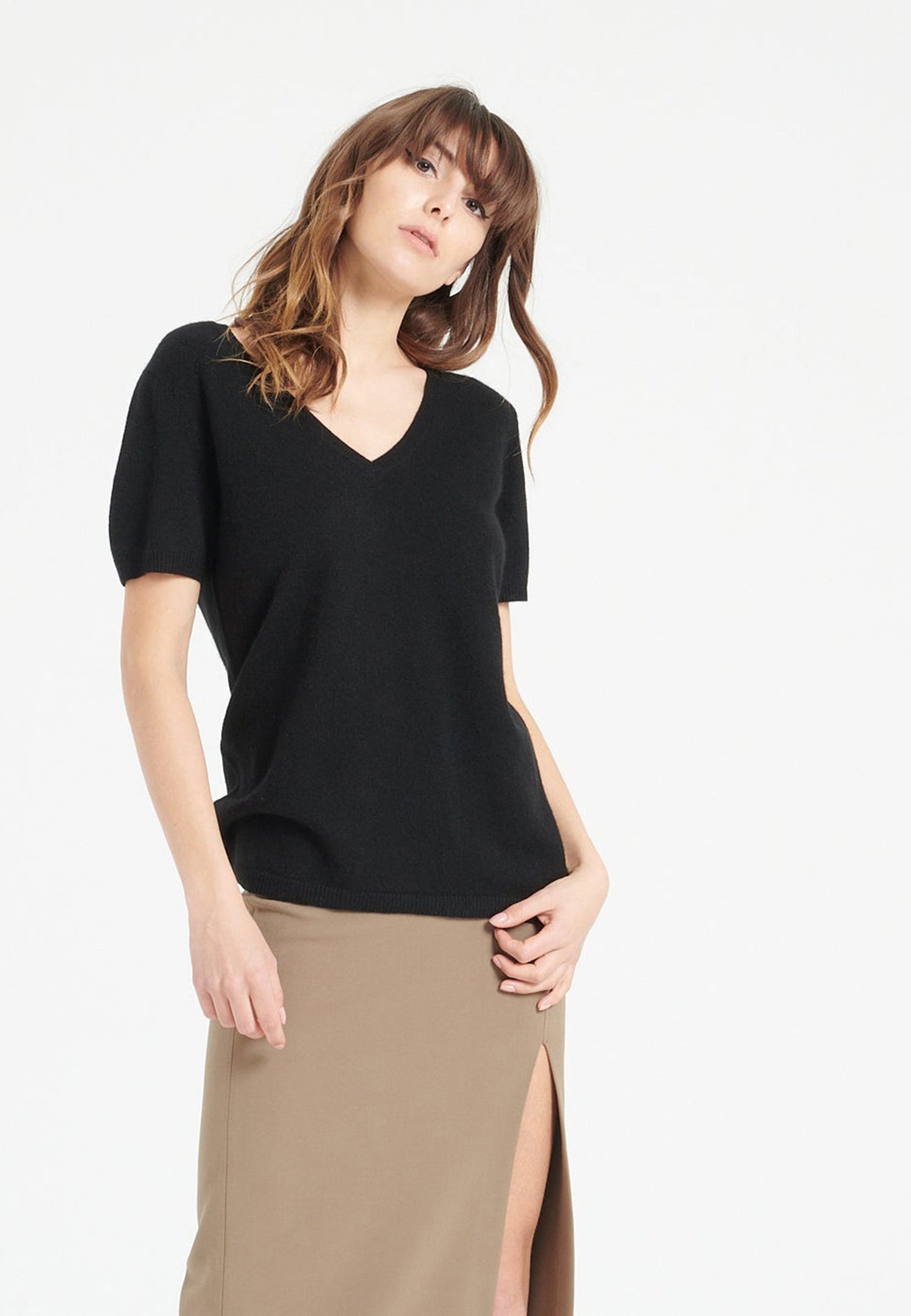 T-shirt col V cachemire noir femme - LILLY 14